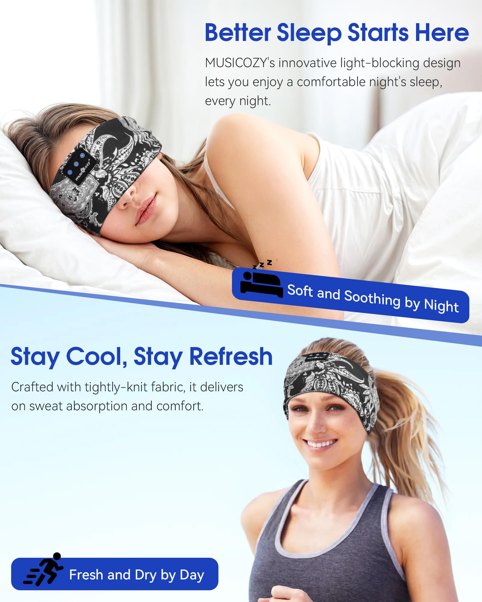 Musicozy Sleep Headphones Bluetooth Headband 5.4 Wireless Headband Headphones For Sleeping For Side Sleeper With Ultra Thin Hd S